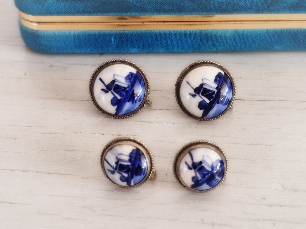 Vintage Delft Dutch Blue White Porcelain Sterling Silver Screw-on Earrings Lot
